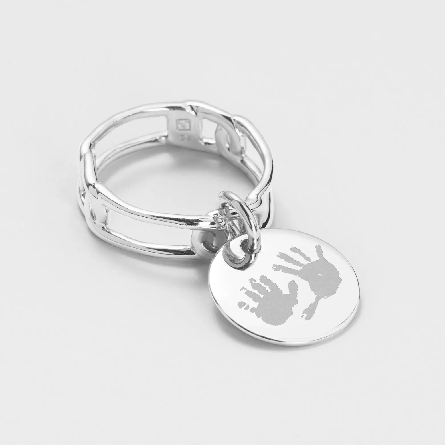 Bague chaine maille large argent personnalisée médaille gravée 15 mm