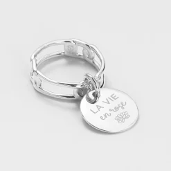 Bague chaine maille large argent personnalisée médaille gravée 15 mm