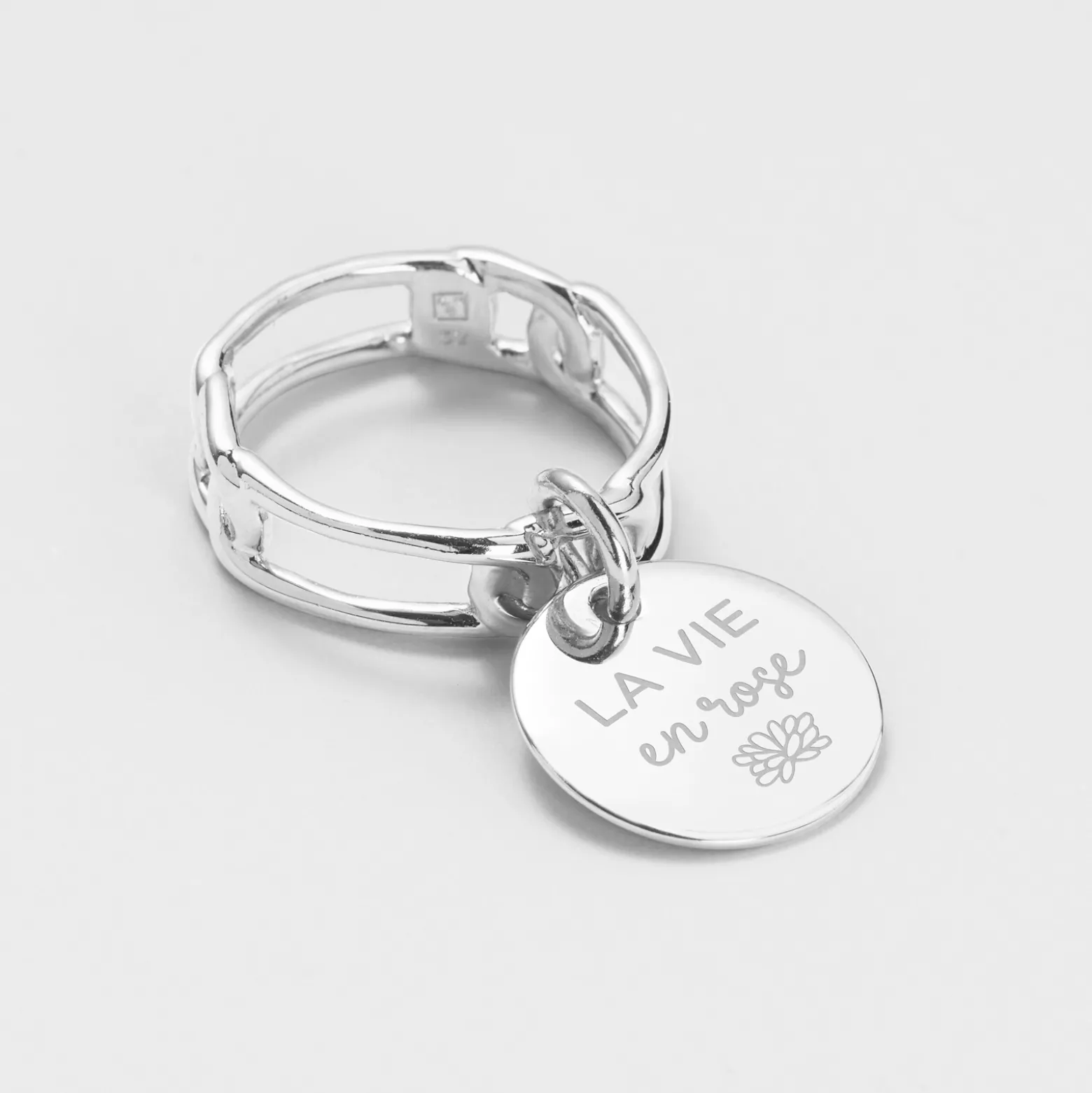 Bague chaine maille large argent personnalisée médaille gravée 15 mm