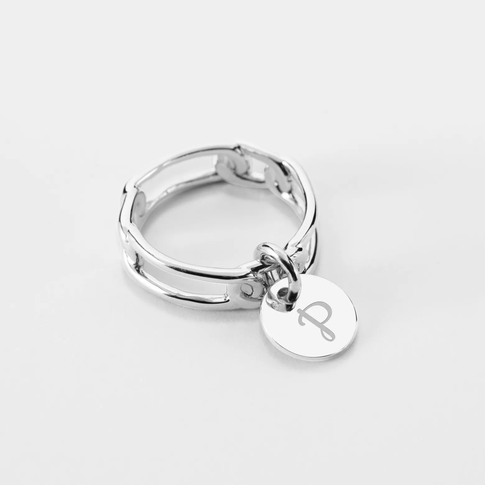 Bague chaine maille large argent personnalisée médaille gravée 10 mm