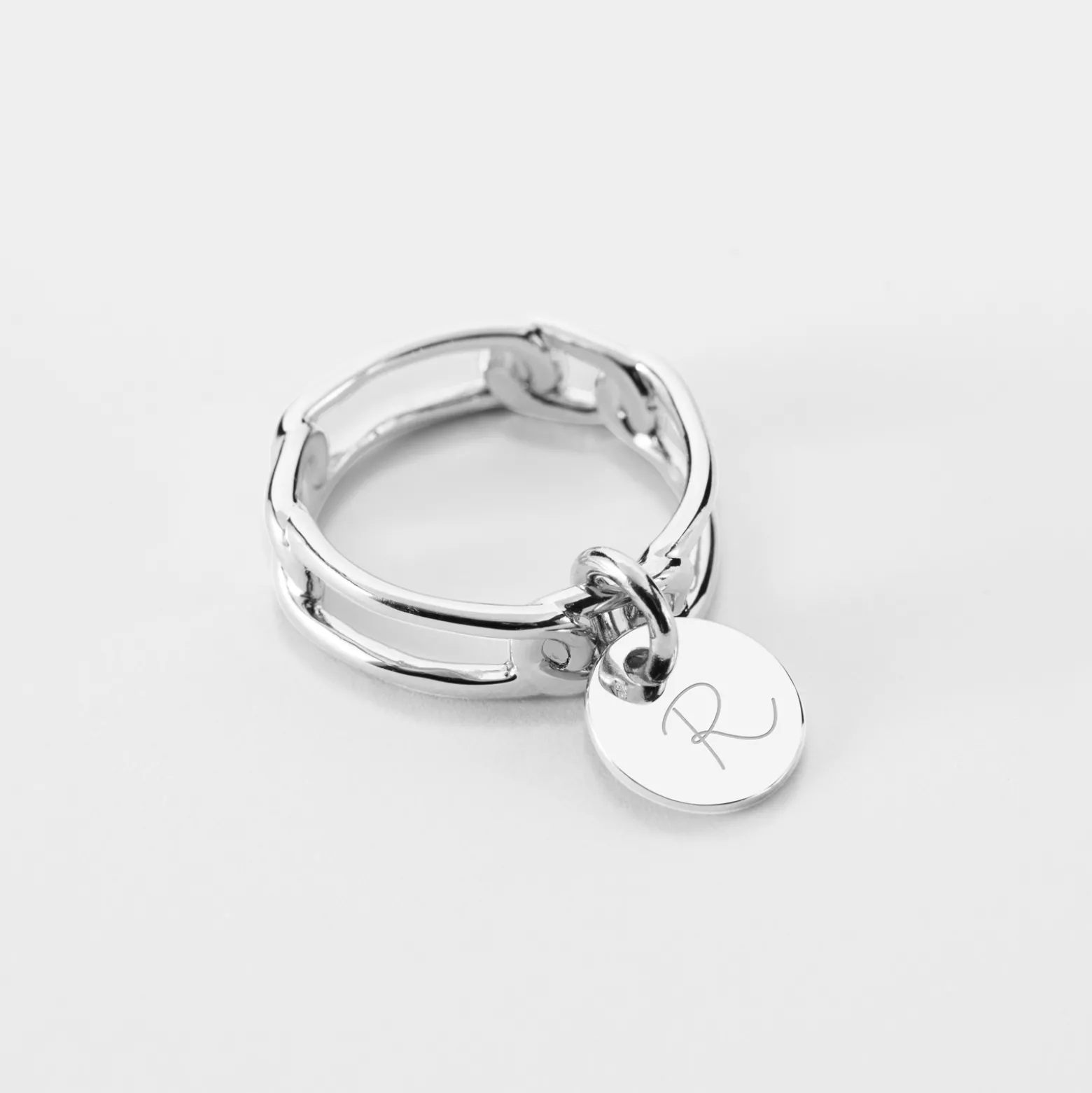 Bague chaine maille large argent personnalisée médaille gravée 10 mm