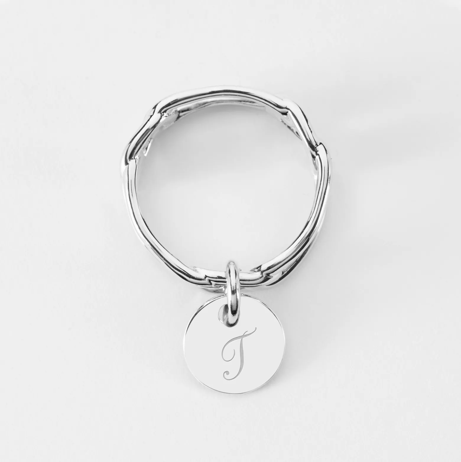 Bague chaine maille large argent personnalisée médaille gravée 10 mm