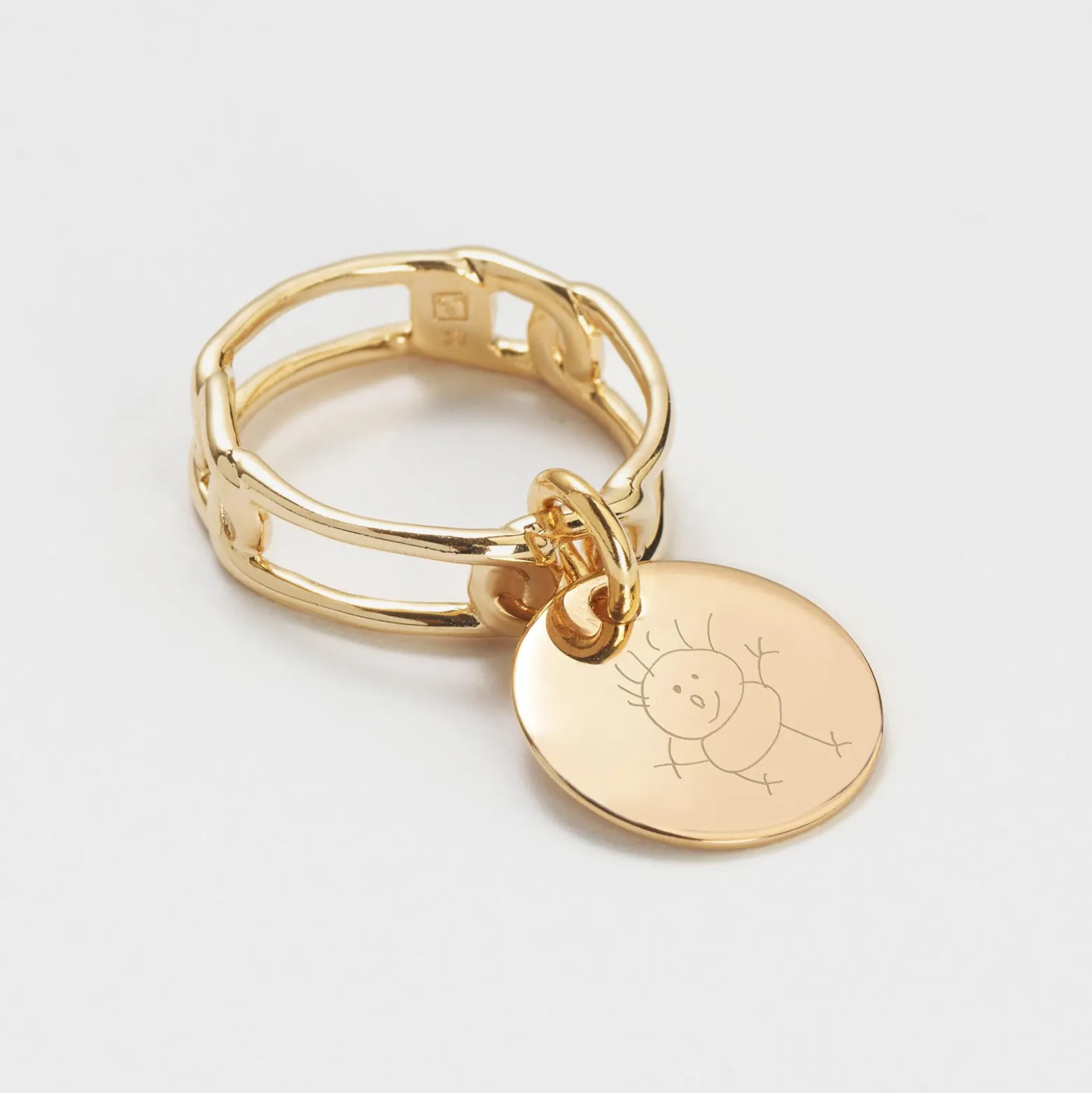 Bague chaine maille large plaqué or personnalisée médaille gravée 15 mm
