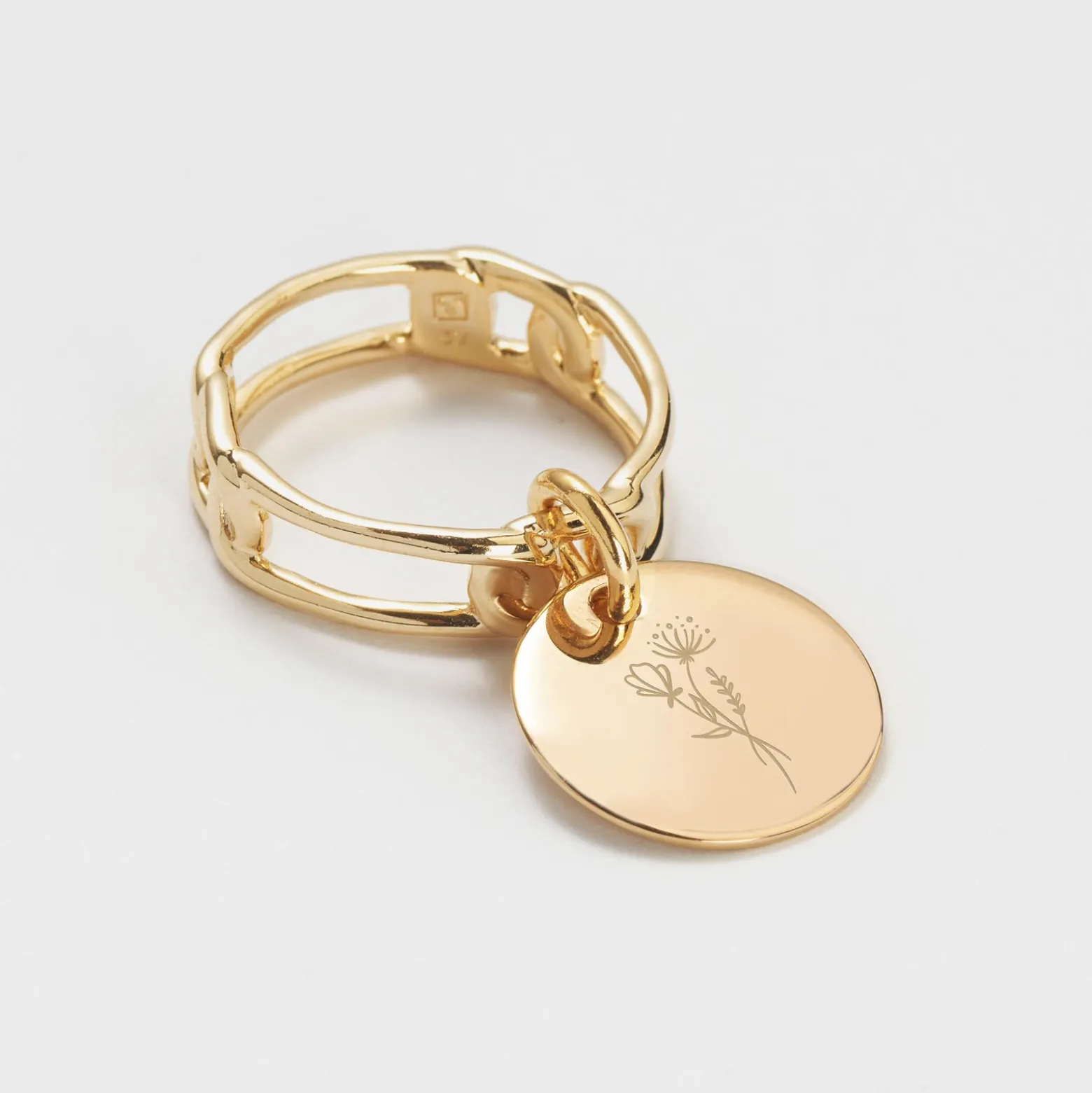 Bague chaine maille large plaqué or personnalisée médaille gravée 15 mm