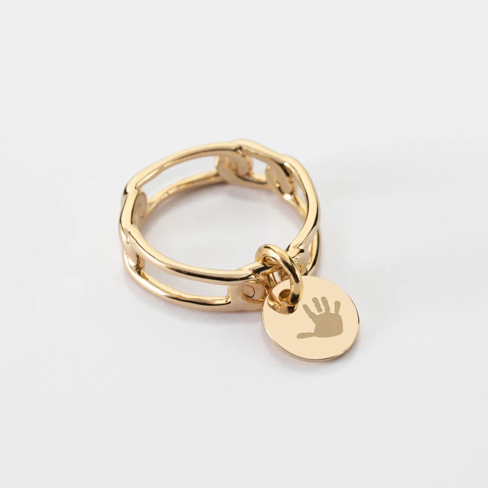 Bague chaine maille large plaqué or personnalisée médaille gravée 10 mm