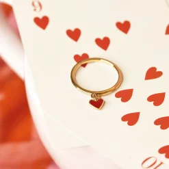 Bague coeur émail rouge plaqué or