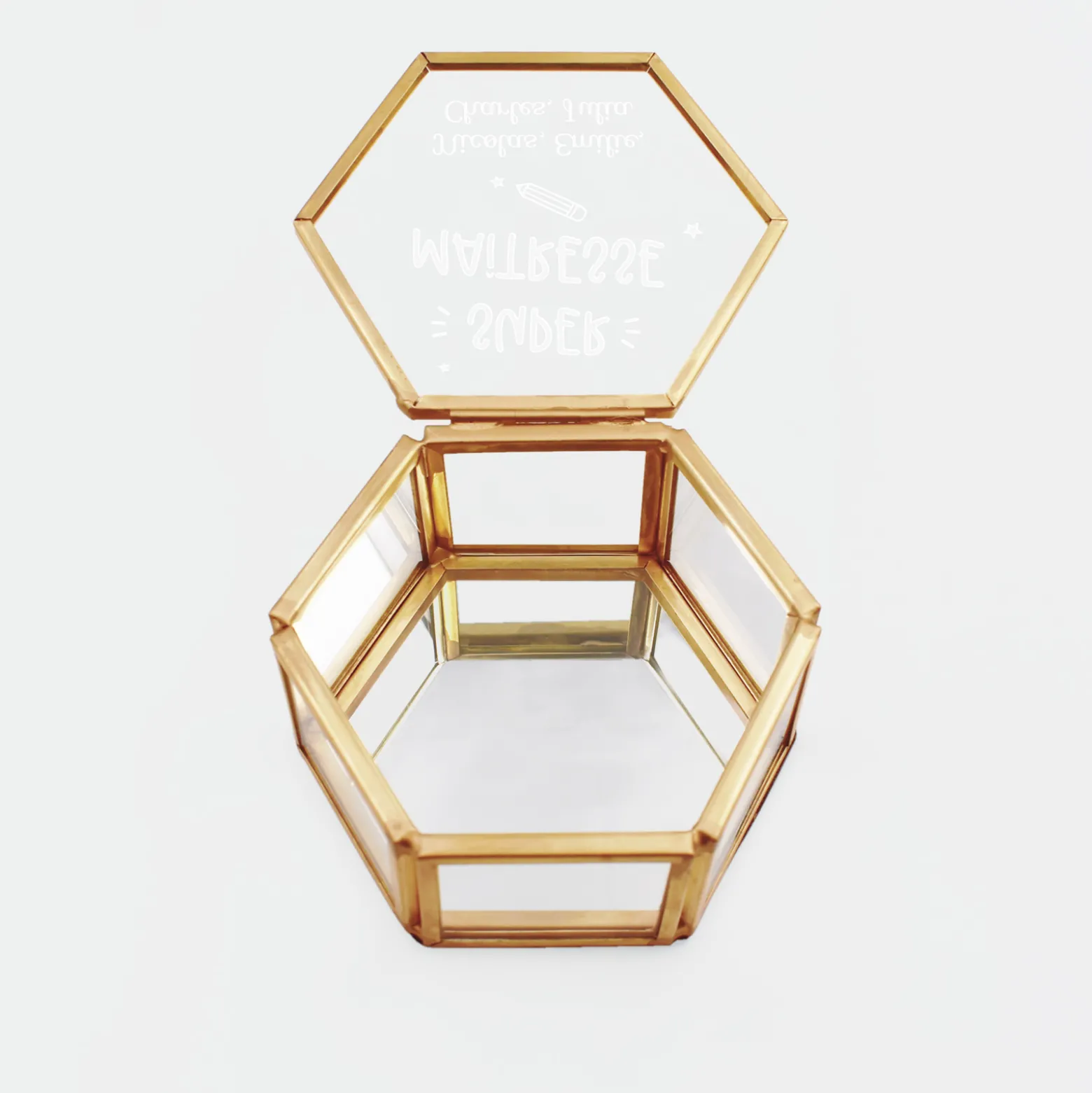 Boîte à bijoux personnalisée hexagonale 8x7x4 cm verre gravé - Edition spéciale "Super maîtresse"