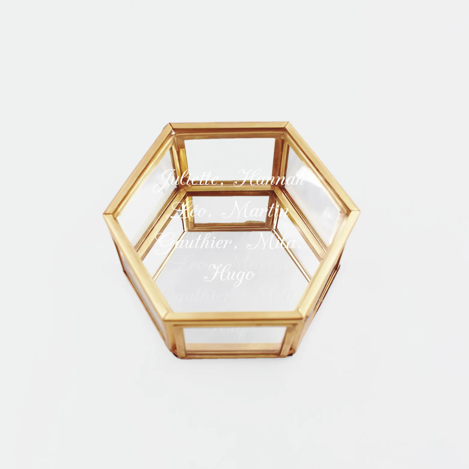 Boîte à bijoux personnalisée hexagonale 8x7x4 cm verre gravé