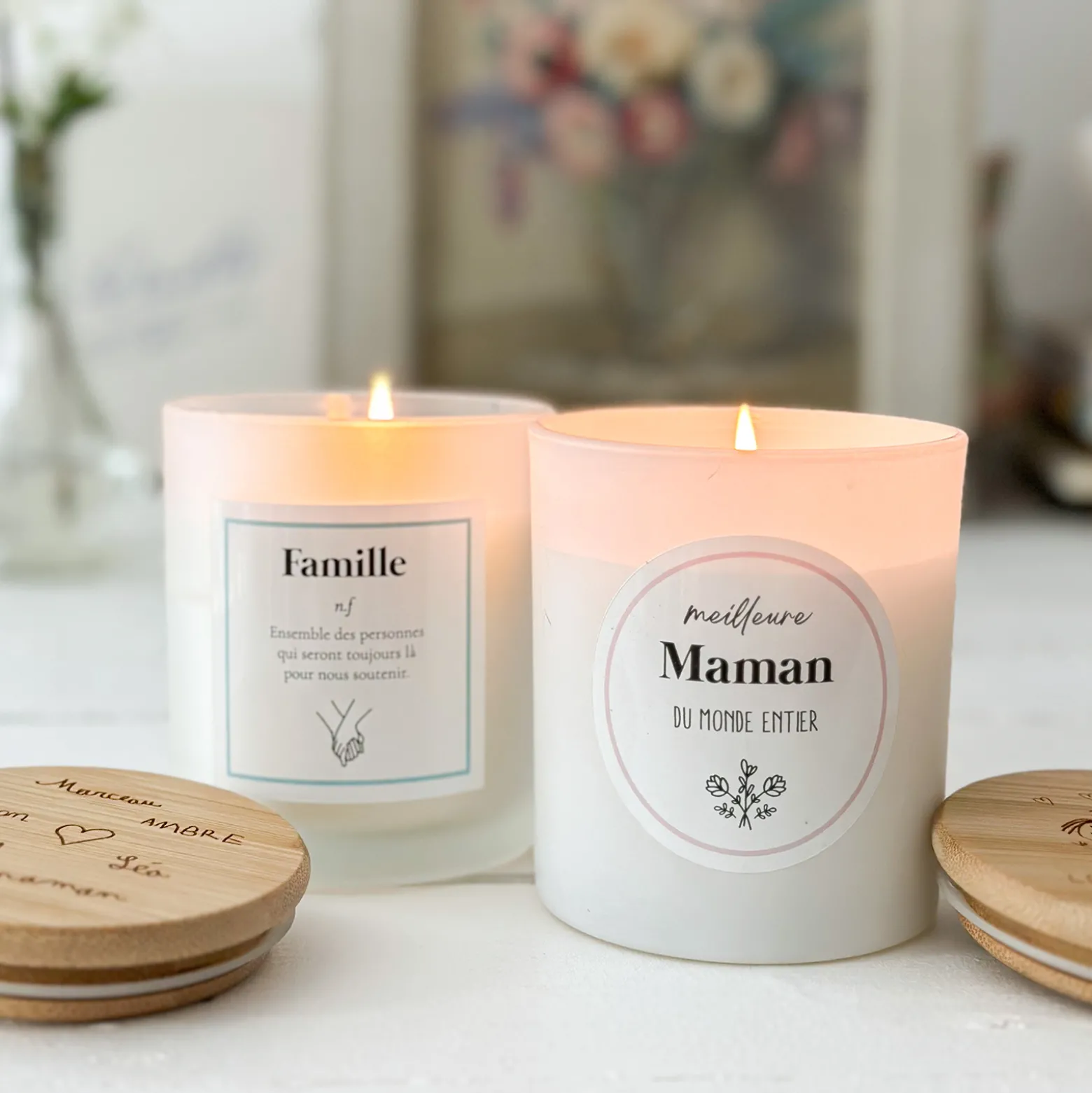 Bougie parfumée Fleur d'oranger personnalisé couvercle bois gravé