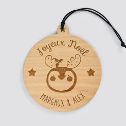 Boule de Noël personnalisée gravée bois ronde - édition spéciale