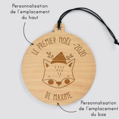 Boule de Noël personnalisée gravée bois ronde - édition spéciale
