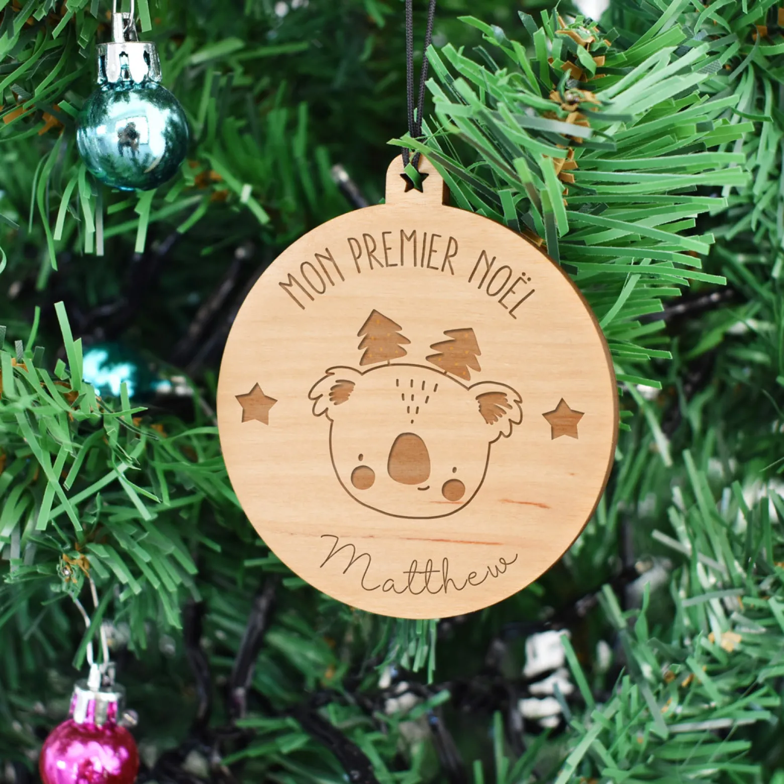 Boule de Noël personnalisée gravée bois ronde - édition spéciale "Noël"