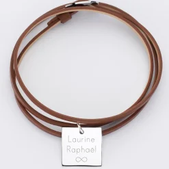 Bracelet 3 tours cuir personnalisé médaille gravée argent dormeuse carré 18x18 mm
