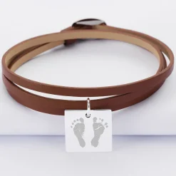Bracelet 3 tours cuir personnalisé médaille gravée argent dormeuse carré 18x18 mm
