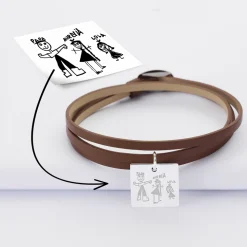 Bracelet 3 tours cuir personnalisé médaille gravée argent dormeuse carré 18x18 mm