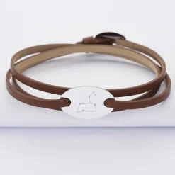 Bracelet 3 tours cuir personnalisé médaille gravée argent ovale 2 trous 25x16 mm
