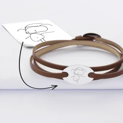 Bracelet 3 tours cuir personnalisé médaille gravée argent ovale 2 trous 25x16 mm