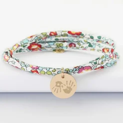 Bracelet 3 tours Liberty personnalisé médaille martelée gravée plaqué or 15 mm