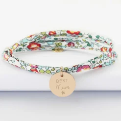 Bracelet 3 tours Liberty personnalisé médaille martelée gravée plaqué or 15 mm