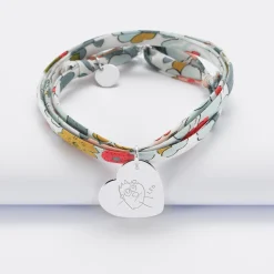 Bracelet 3 tours Liberty personnalisé médaille gravée argent dormeuse coeur 19x21 mm