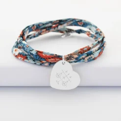 Bracelet 3 tours Liberty personnalisé médaille gravée argent dormeuse coeur 19x21 mm