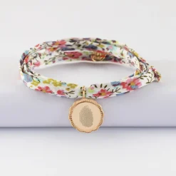 Bracelet 3 tours Liberty personnalisé médaille contour fleur gravée plaqué or 15 mm