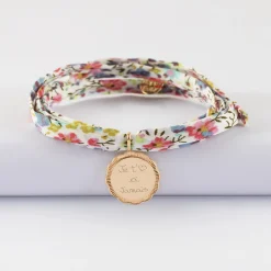 Bracelet 3 tours Liberty personnalisé médaille contour fleur gravée plaqué or 15 mm