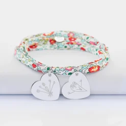 Bracelet 3 tours Liberty personnalisé 2 médailles gravées argent dormeuses coeur 19x21 mm