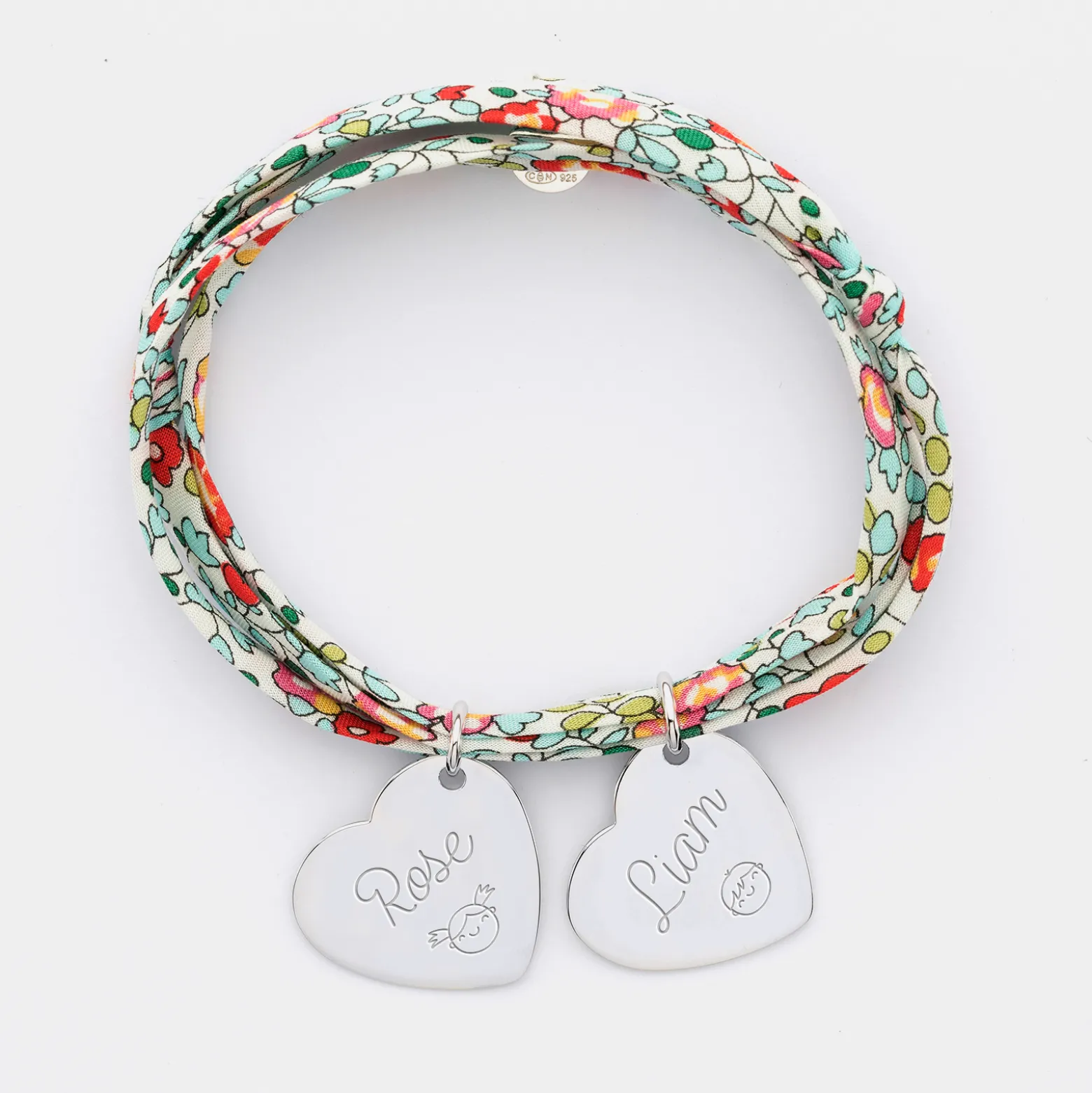 Bracelet 3 tours Liberty personnalisé 2 médailles gravées argent dormeuses coeur 19x21 mm