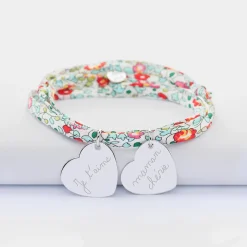 Bracelet 3 tours Liberty personnalisé 2 médailles gravées argent dormeuses coeur 19x21 mm