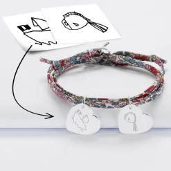 Bracelet 3 tours Liberty personnalisé 2 médailles gravées argent dormeuses coeur 19x21 mm
