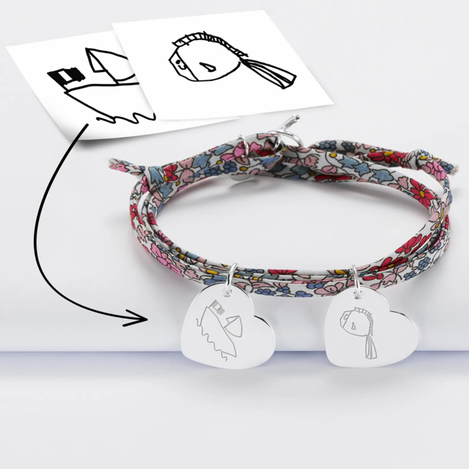 Bracelet 3 tours Liberty personnalisé 2 médailles gravées argent dormeuses coeur 19x21 mm