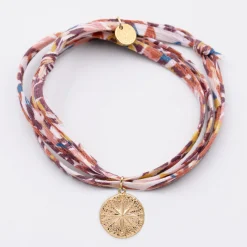 Bracelet 3 tours Liberty personnalisé médaille gravée plaqué or rose des vents texturée 14 mm