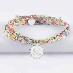 Bracelet 3 tours Liberty personnalisé médaille vintage dentelée gravée argent 17 mm