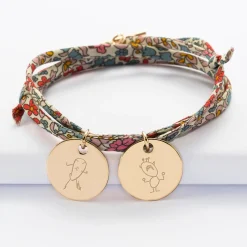 Bracelet 3 tours Liberty personnalisé 2 médailles gravées plaqué or 19 mm
