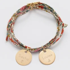 Bracelet 3 tours Liberty personnalisé 2 médailles gravées plaqué or 19 mm
