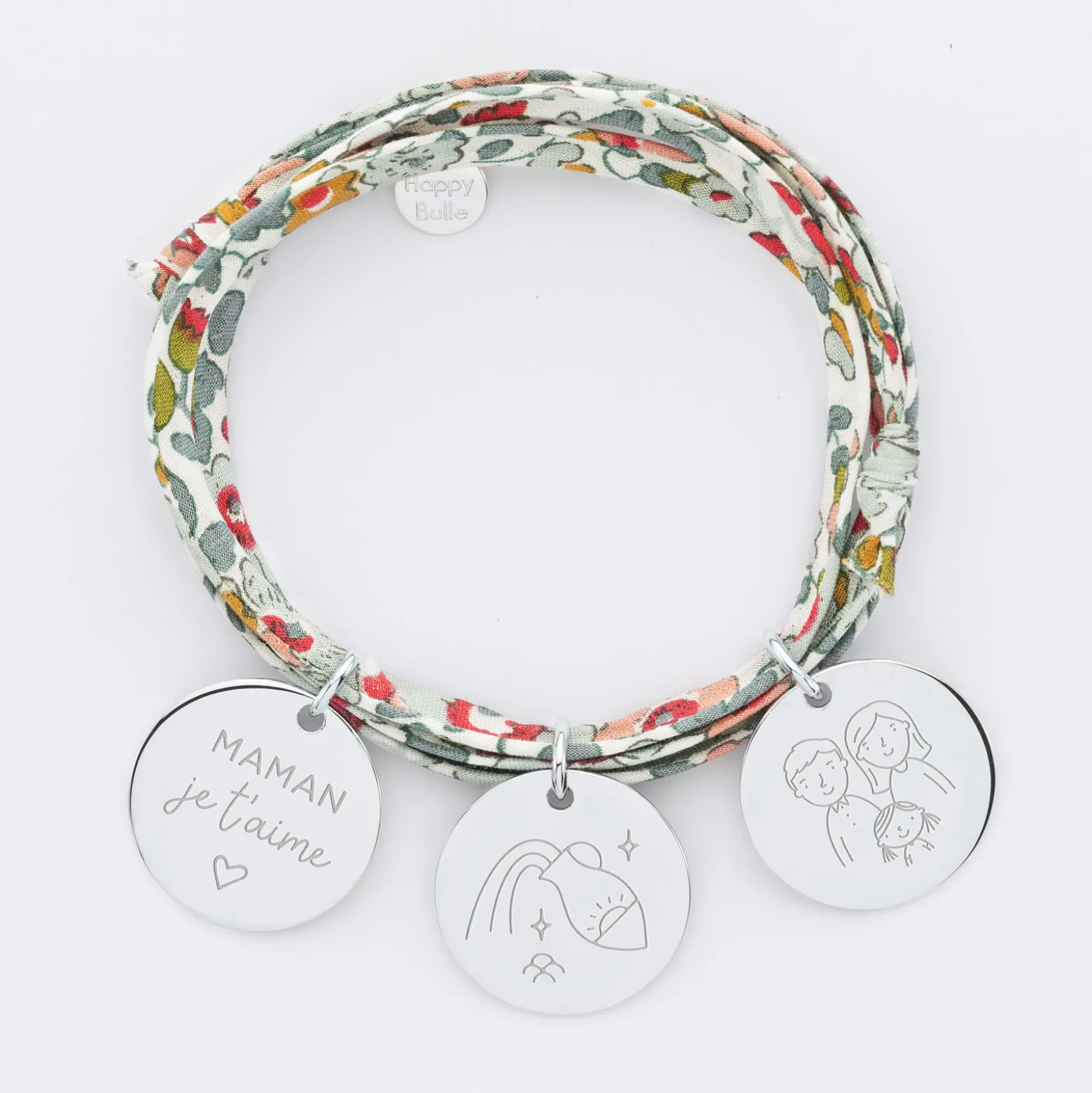 Bracelet 3 tours Liberty personnalisé 3 médailles gravées argent 19 mm