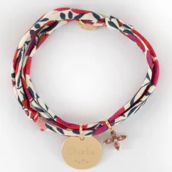 Bracelet 3 tours Liberty personnalisé médaille gravée plaqué or 15 mm et breloque fleur pétales zircons 10 mm
