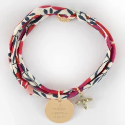 Bracelet 3 tours Liberty personnalisé médaille gravée plaqué or 15 mm et breloque fleur pétales zircons 10 mm