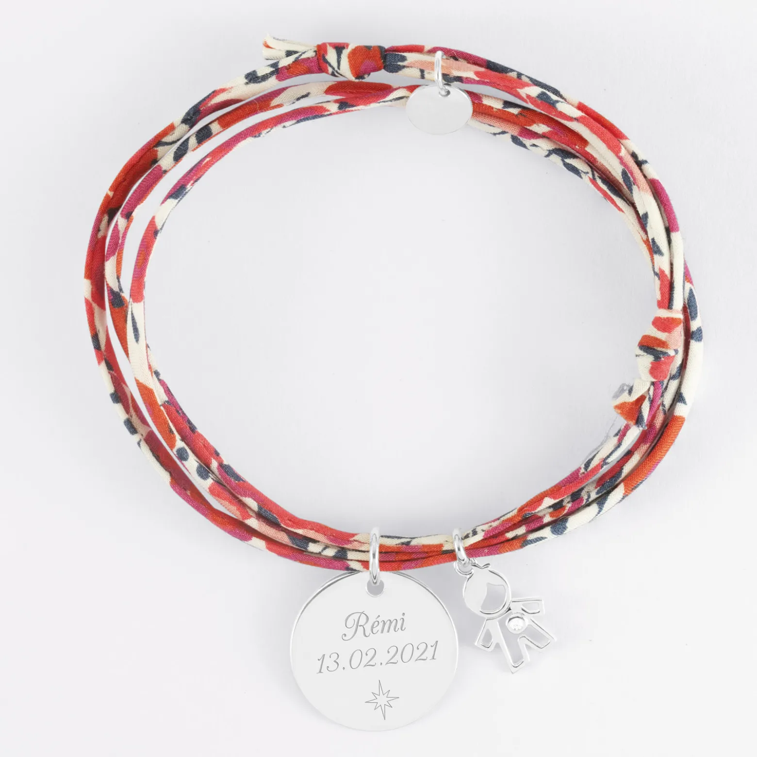 Bracelet 3 tours Liberty personnalisé médaille gravée argent 19 mm et breloque petit garçon zircon 12 mm