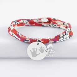 Bracelet 3 tours Liberty personnalisé médaille gravée argent 19 mm et breloque petit garçon zircon 12 mm