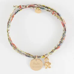 Bracelet 3 tours Liberty personnalisé médaille gravée plaqué or 15 mm et breloque petit garçon scintillant 12 mm