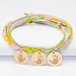 Bracelet 3 tours Liberty personnalisé 3 médailles gravées plaqué or 15 mm