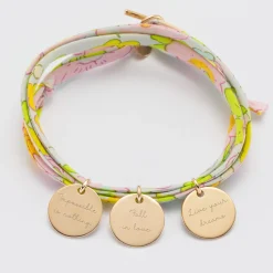 Bracelet 3 tours Liberty personnalisé 3 médailles gravées plaqué or 15 mm