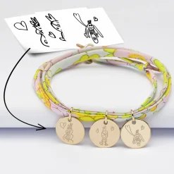Bracelet 3 tours Liberty personnalisé 3 médailles gravées plaqué or 15 mm