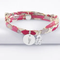Bracelet 3 tours Liberty personnalisé médaille gravée argent 15 mm et breloque petit garçon zircon 12 mm