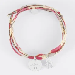 Bracelet 3 tours Liberty personnalisé médaille gravée argent 15 mm et breloque petit garçon zircon 12 mm
