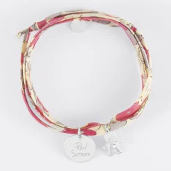 Bracelet 3 tours Liberty personnalisé médaille gravée argent 15 mm et breloque petit garçon zircon 12 mm
