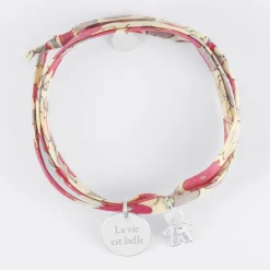 Bracelet 3 tours Liberty personnalisé médaille gravée argent 15 mm et breloque petit garçon zircon 12 mm