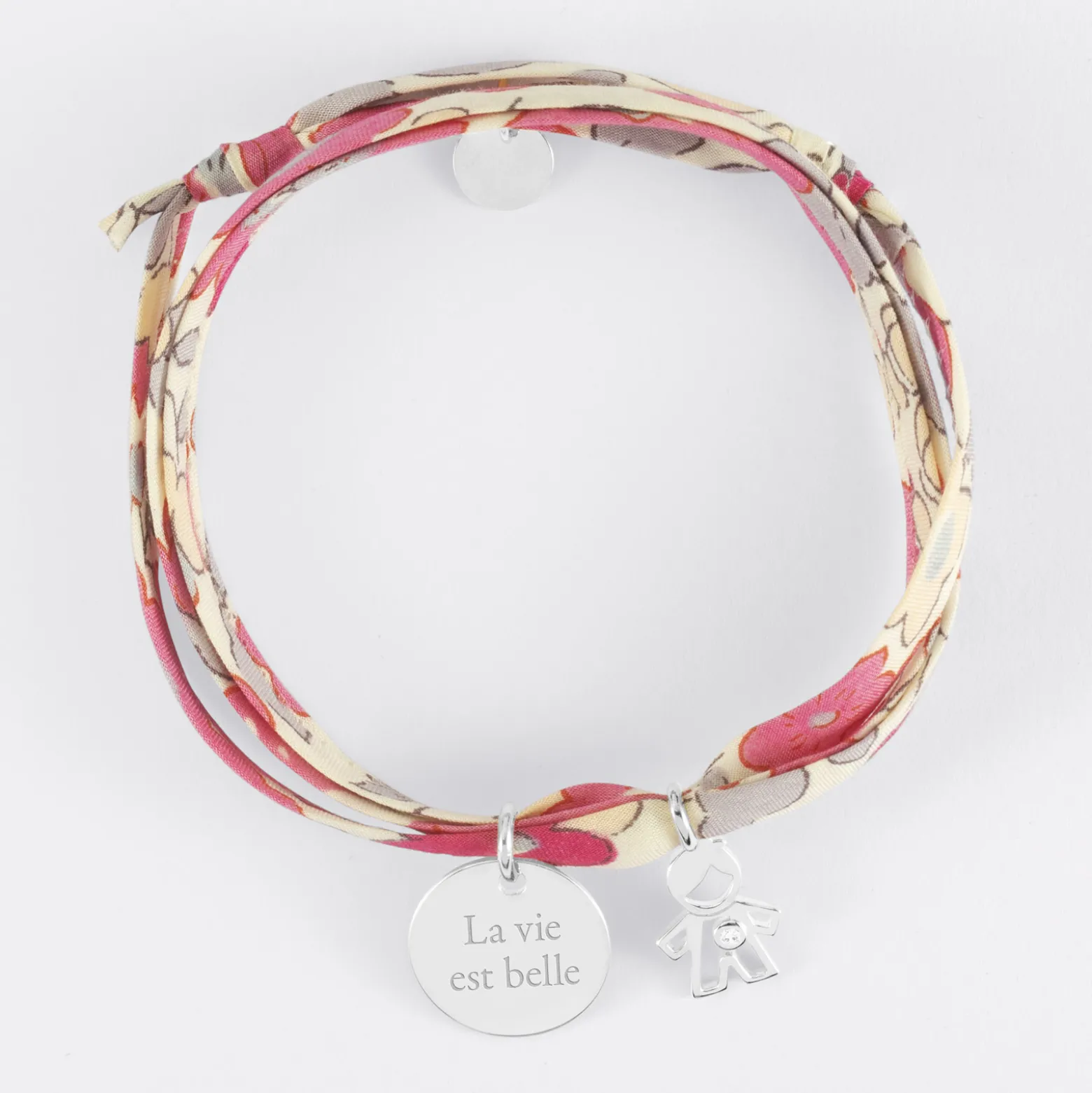 Bracelet 3 tours Liberty personnalisé médaille gravée argent 15 mm et breloque petit garçon zircon 12 mm